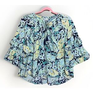 Crown And Ivy Plus 3x Boho Blue Floral Hi Low Tunic Ruffle Sleeves Tassel Tie